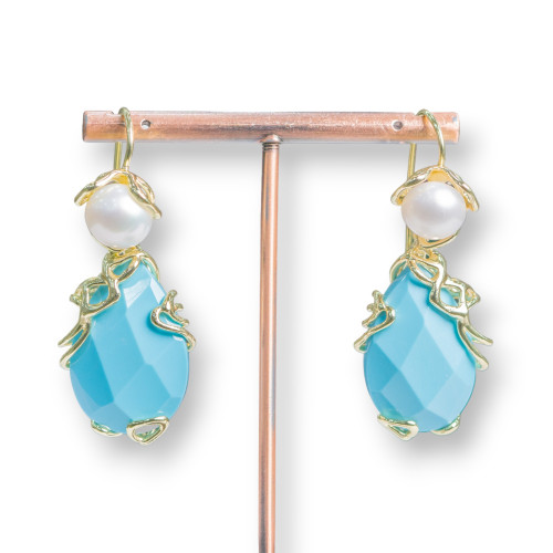 Boucles d'oreilles levier en bronze avec perles de rivière et pendentif cabochon facetté 22x48mm pâte turquoise