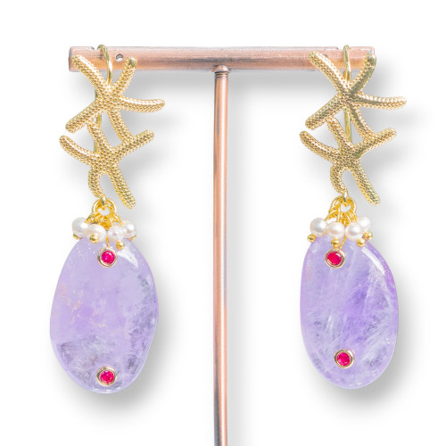 Bronze Hook Earrings Starfish And Lavender Amethyst With Light Points 24x65mm