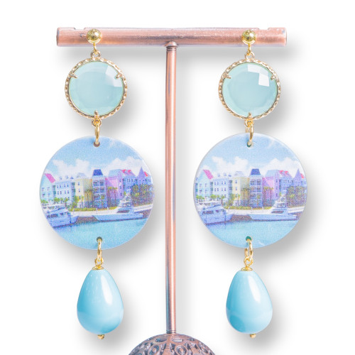 Steel Stud Earrings With Printed Mother-of-Pearl Center And Drops Of Semi-precious Stones 30x77mm MOD4