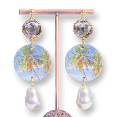 Steel Stud Earrings With Printed Mother-of-Pearl Center And Drops Of Semi-precious Stones 30x77mm MOD5