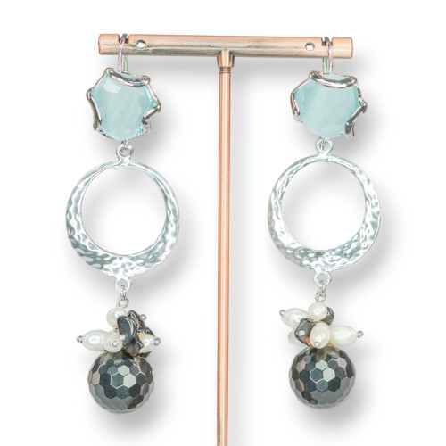 Bronze Hook Earrings With Set Cat's Eye And Pendant Of Stones And Pearls