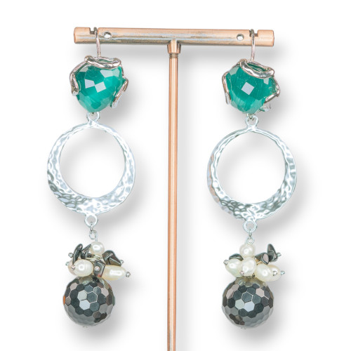 Χάλκινα σκουλαρίκια με γάντζο με σετ Cat's Eye και μενταγιόν από πέτρες και μαργαριτάρια MOD2