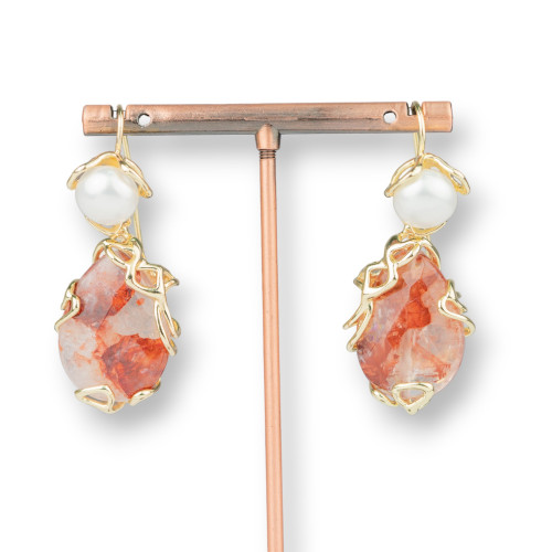 Bronze Leverback Earrings with River Pearls and Faceted Cabochon Pendant 22x48mm Hematoid Quartz