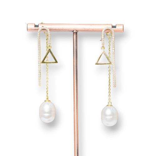925 Silver Stud Earrings With Zircons And Chain With Mallorca Pearl 12x62mm Golden