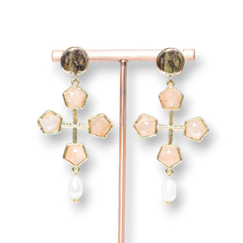 Wrought Bronze Stud Earrings With Semi-precious Stones Set On Bronze With River Pearls 32x68mm Moonstone