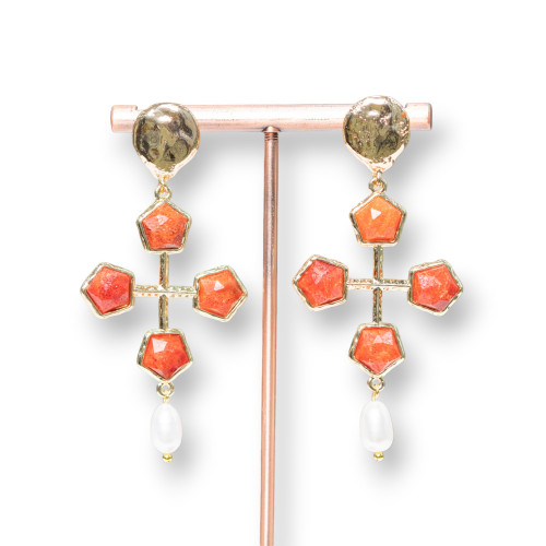 Wrought Bronze Stud Earrings With Semi-precious Stones Set On Bronze With River Pearls 32x68mm Red