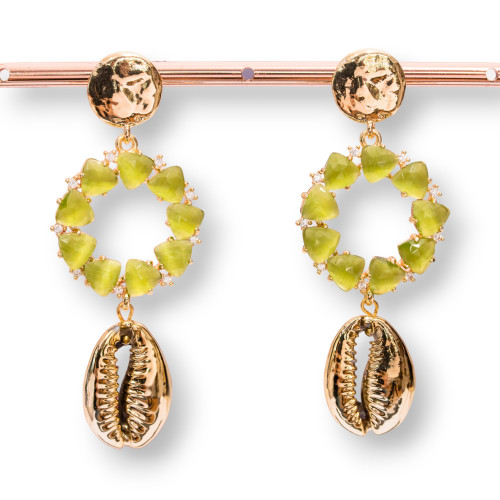 Bronze Stud Earrings with Cat's Eye and Shell Component Gold Plated 24x64mm Acid Green