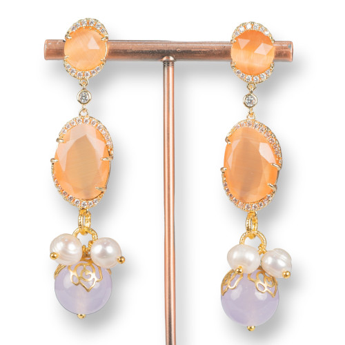 Bronze Stud Earrings With Cat's Eye Cabochon And Zircons With Stones And Pearls 20x75mm Peach
