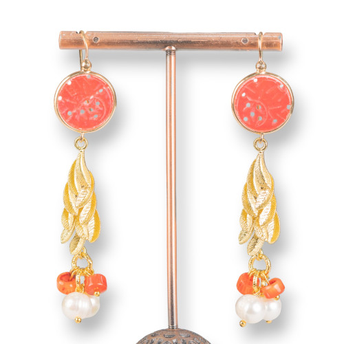 Boucles d'oreilles clous en bronze avec jade de Birmanie et perles avec corail 17x72mm rouge