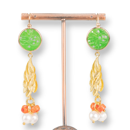 Boucles d'oreilles clous en bronze avec jade birman et perles avec corail 17x72mm vert