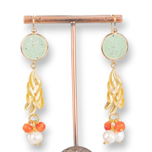 Pendientes de Bronce con Jade Birmano y Perlas con Coral 17x72mm Verde Claro