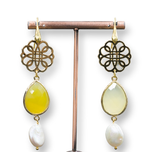 925 Silver Earrings With Filigree And Yellow Agate With River Pearls 20x79mm