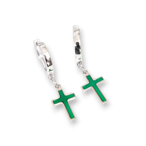 925 Silver Earrings With Circle Stud And Green Cross Enamelled Pendants 10x34mm