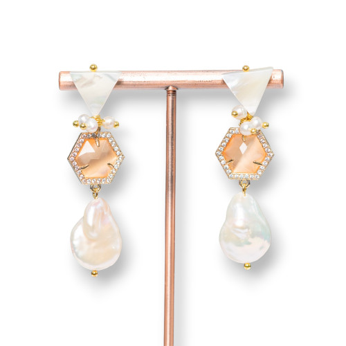 925 Silver And Mother-of-Pearl Stud Earrings With Crystals And Freshwater Pearls 14x50mm Peach