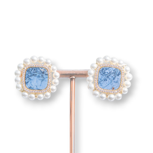 Bronze Stud Earrings with Semi-precious Stones and Zircons with 25mm Sodalite Beads
