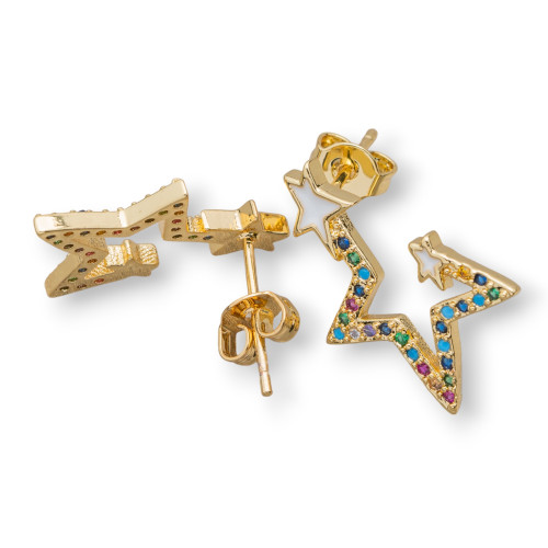 Bronze Stud Earrings With Multicolor Pavé Zircons Open Star 14x19mm