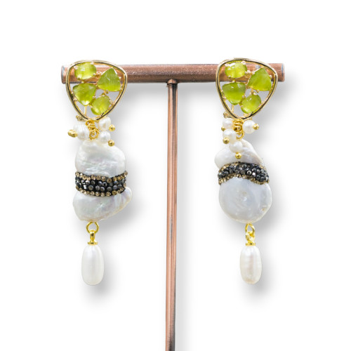 Bronze Stud Earrings with Cat's Eye and Freshwater Pearls with Marcasite 16x58mm Green