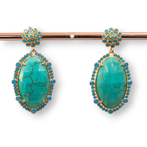 Bronze Stud Earrings With Set Stones And Zircons 22x43mm Turquoise and Stabilized Turquoise