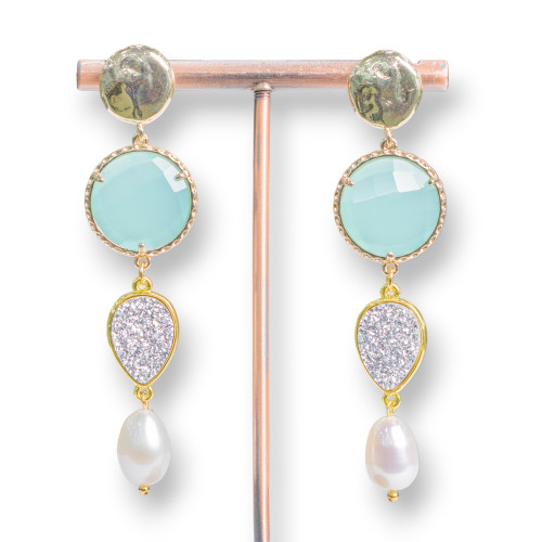 Bronze Stud Earrings With Crystals, Druzes And River Pearls 18x70mm Aqua Green
