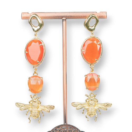 Bronze Stud Earrings with Cat's Eye and Bronze Bees 26x72mm Orange