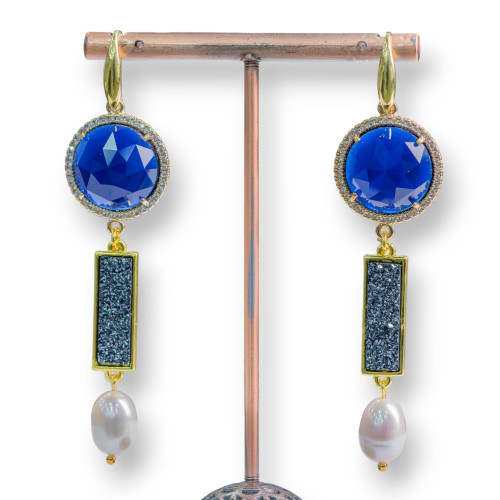 925 Silver Stud Earrings With Cat's Eye And Druzi With River Pearls 20x80mm Dark Blue