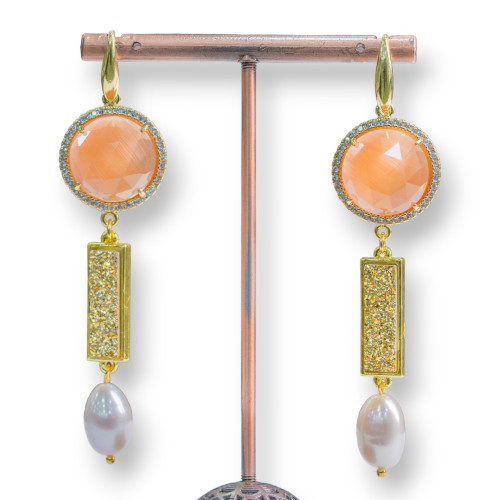 925 Silver Stud Earrings With Cat's Eye And Druzi With River Pearls 20x80mm Orange