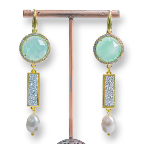 925 Silver Stud Earrings With Cat's Eye And Druzi With River Pearls 20x80mm Aqua Green