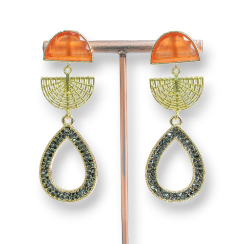 Bronze Stud Earrings With Cat's Eye And Marcasite Drop 22x65mm Orange