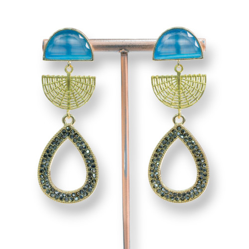 Boucles D'oreilles Puces En Bronze Avec Oeil De Chat Et Goutte De Marcassite 22x65mm Bleu Clair