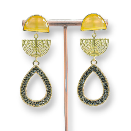 Bronze Stud Earrings With Cat's Eye And Marcasite Drop 22x65mm Yellow