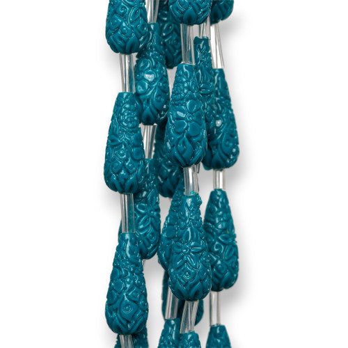 Engraved Drops Wire Resin Beads 08x20mm 15pcs Teal