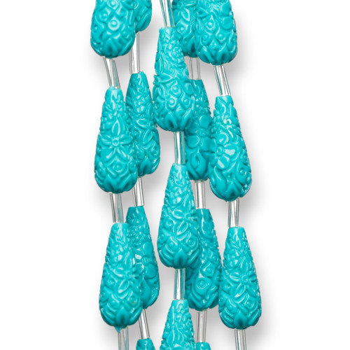 Engraved Drops Wire Resin Beads 08x20mm 15pcs Turquoise