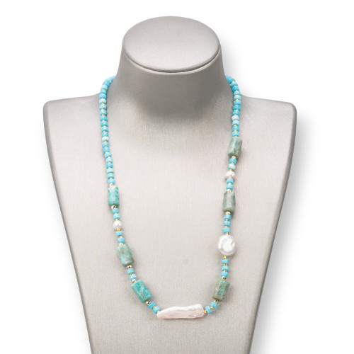 Collana Con Chiusura Di Pietre Dure, Perle E Ematite 45-52cm Amazzonite
