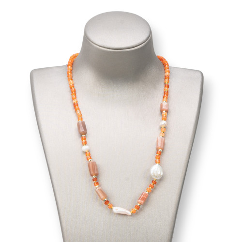 Collana Con Chiusura Di Pietre Dure, Perle E Ematite 45-52cm Arancio