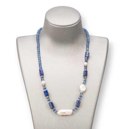 Collana Con Chiusura Di Pietre Dure, Perle E Ematite 45-52cm Blu