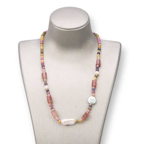 Collana Con Chiusura Di Pietre Dure, Perle E Ematite 45-52cm Giada Fragola