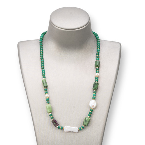 Collana Con Chiusura Di Pietre Dure, Perle E Ematite 45-52cm Verde