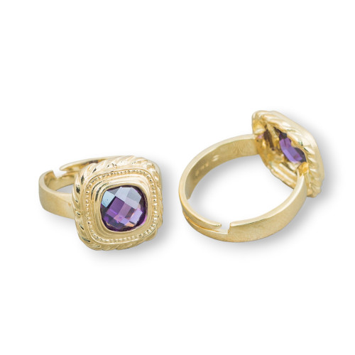 925 Silver Ring Design Italy With Gold Plated Heat-diffused Amethyst 15mm Adjustable Size