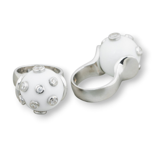 925 Silberring Design Italien mit weißer Achatkugel und Zirkonen besetzt 19 mm Kugel