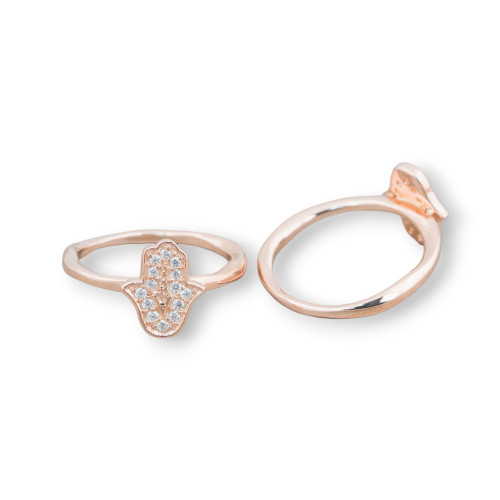 925 Silver Ring Design Italy With Zircons Set Hand Of Fatima 11x9mm Polished Rose Gold