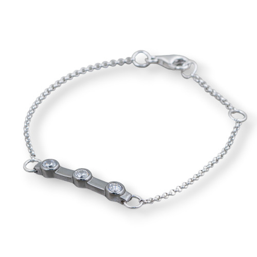 925 Silver Bracelet Design Italy With 3 Zircons Length 19cm-16.5cm Rhodium-Plated and Burnished
