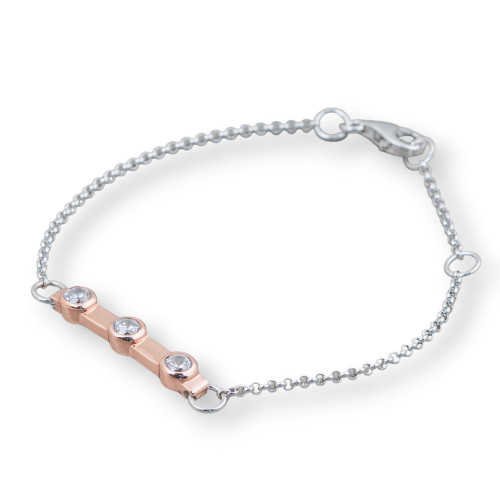 925 Silver Bracelet Design Italy With 3 Zircons Length 19cm-16.5cm Rhodium Plated and Rose Gold