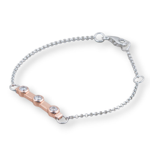 Bracciale Di Argento 925 Design Italy Con 3 Zirconi Lunghezza 19cm-16,5cm Rodiato e Oro Rosa