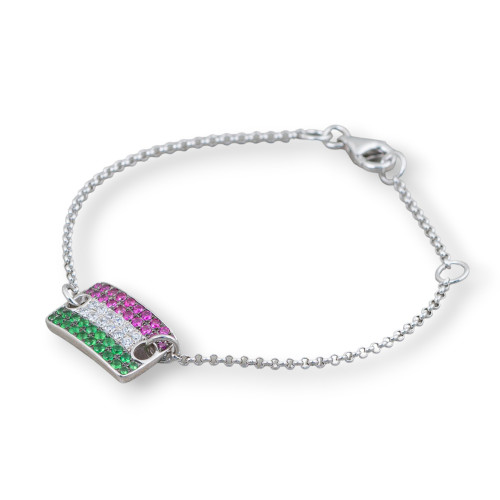 925 Silver Bracelet Design Italy With Central Tricolor Flag Length 19cm-16.5cm Rhodium Plated