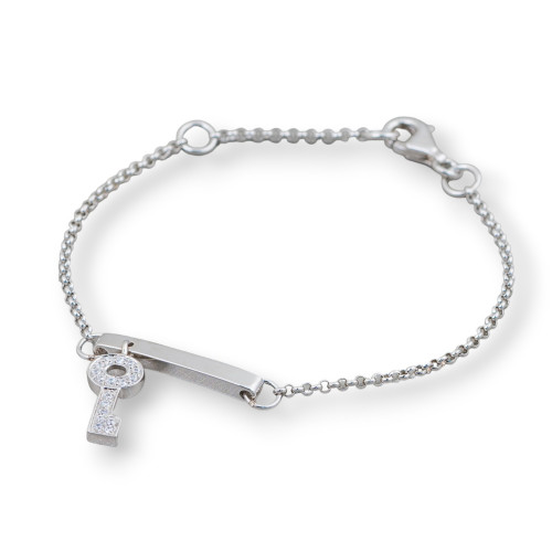 925 Silver Bracelet Design Italy With Central Key Length 19cm-16.5cm Rhodium Plated