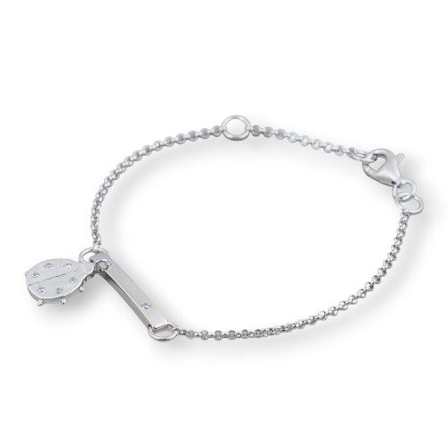 925 Silver Bracelet Design Italy With Central Ladybug Length 19cm-16.5cm Rhodium Plated