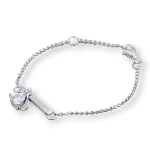 925 Silver Bracelet Design Italy With Central Heart With Tail Length 19cm-16.5cm Rhodium Plated