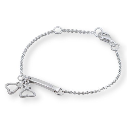 925 Silver Bracelet Design Italy With Central Double Heart Length 19cm-16.5cm Rhodium Plated