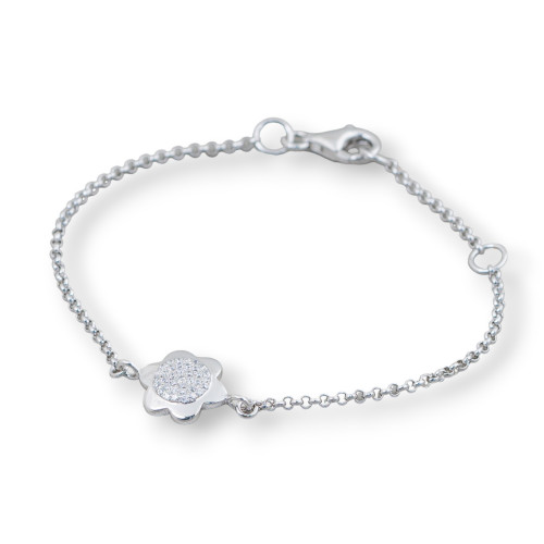 Bracciale Di Argento 925 Design Italy Con Centale Fiore Brillante Lunghezza 19cm-16,5cm Rodiato