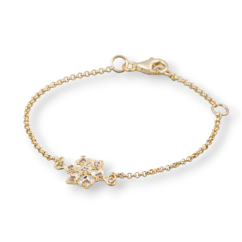 925 Silver Bracelet Design Italy With Central Hexagonal Flower Length 19cm-16.5cm Golden